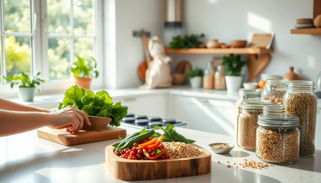 A bright and airy kitchen scene with a central counter showcasing various healthy cooking techniques. In the foreground, a chef's hands carefully chopping fresh vegetables on a wooden cutting board, their movements precise and deliberate. In the middle ground, a simmering pot on the stovetop, steam gently rising, and a variety of whole grains, legumes, and herbs arranged in glass jars. The background features natural light streaming in through large windows, casting a warm glow over the scene. The overall atmosphere is one of calm, mindfulness, and a focus on nourishing, wholesome food preparation. A bright and airy kitchen scene with a central counter showcasing various healthy cooking techniques. In the foreground, a chef's hands carefully chopping fresh vegetables on a wooden cutting board, their movements precise and deliberate. In the middle ground, a simmering pot on the stovetop, steam gently rising, and a variety of whole grains, legumes, and herbs arranged in glass jars. The background features natural light streaming in through large windows, casting a warm glow over the scene. The overall atmosphere is one of calm, mindfulness, and a focus on nourishing, wholesome food preparation.