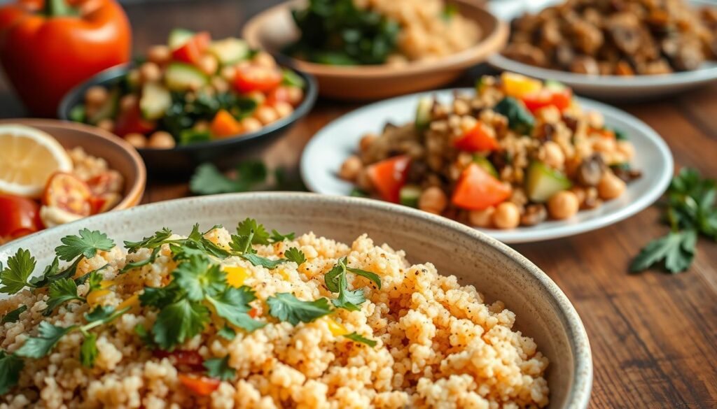 A bright, appetizing close-up of a variety of quinoa-based dishes, captured with a professional food photography lens. In the foreground, a bowl of perfectly cooked, fluffy quinoa is garnished with fresh herbs, roasted vegetables, and a drizzle of lemon dressing. In the middle ground, a plate showcases a quinoa and chickpea salad, tossed with diced tomatoes, cucumbers, and a tangy vinaigrette. The background features a rustic wooden table, with additional quinoa-based meal options, such as a quinoa and kale stuffed bell pepper, and a quinoa and mushroom pilaf. The lighting is soft and natural, highlighting the vibrant colors and textures of the quinoa dishes. The overall mood is one of health, flavor, and culinary inspiration. A bright, appetizing close-up of a variety of quinoa-based dishes, captured with a professional food photography lens. In the foreground, a bowl of perfectly cooked, fluffy quinoa is garnished with fresh herbs, roasted vegetables, and a drizzle of lemon dressing. In the middle ground, a plate showcases a quinoa and chickpea salad, tossed with diced tomatoes, cucumbers, and a tangy vinaigrette. The background features a rustic wooden table, with additional quinoa-based meal options, such as a quinoa and kale stuffed bell pepper, and a quinoa and mushroom pilaf. The lighting is soft and natural, highlighting the vibrant colors and textures of the quinoa dishes. The overall mood is one of health, flavor, and culinary inspiration.