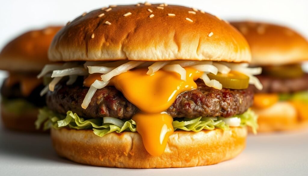 A close-up, high-resolution image of a juicy, well-constructed Big Mac burger on a white background. The burger features two beef patties, shredded lettuce, diced onions, pickles, and the signature Big Mac sauce, oozing out from the center. The buns are toasted to a golden-brown perfection, with the iconic three-layer design. The lighting is soft and diffused, highlighting the textures and colors of the ingredients. The composition emphasizes the burger's visual appeal, capturing the essence of the classic "Thousand Island vibes" flavor profile. The overall mood is one of appetizing, mouthwatering temptation.
