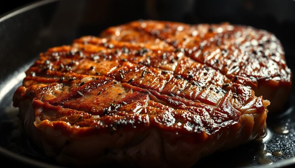 A close-up of a sizzling, golden-brown beef steak searing on a hot cast-iron skillet. The meat is seasoned with coarse salt and freshly ground black pepper, creating a flavorful crust. Droplets of rendered fat spit and crackle, filling the air with a tantalizing aroma. Dramatic studio lighting casts dramatic shadows, highlighting the steak's rugged texture and the glistening fat. The camera is angled slightly from above, putting the viewer in the perspective of a chef admiring their handiwork. The background is blurred, keeping the focus squarely on the beautifully seared beef.