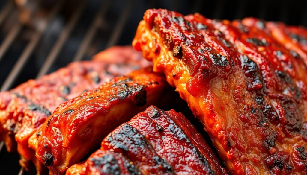 A close-up photograph of perfectly grilled beef ribs, showcasing various stages of doneness. The ribs are arranged in a diagonal composition, with the most tender, well-done ribs in the foreground, and the medium-rare ribs in the middle ground. The background features a slightly blurred grill grate, emitting a warm, smoky ambiance. Warm, golden lighting illuminates the juicy, caramelized surfaces of the ribs, highlighting the distinct levels of tenderness and doneness. The image conveys the mouthwatering appeal of perfectly cooked beef ribs, guiding the viewer to understand the visual cues for determining when the ribs have reached their optimal texture and flavor. A close-up photograph of perfectly grilled beef ribs, showcasing various stages of doneness. The ribs are arranged in a diagonal composition, with the most tender, well-done ribs in the foreground, and the medium-rare ribs in the middle ground. The background features a slightly blurred grill grate, emitting a warm, smoky ambiance. Warm, golden lighting illuminates the juicy, caramelized surfaces of the ribs, highlighting the distinct levels of tenderness and doneness. The image conveys the mouthwatering appeal of perfectly cooked beef ribs, guiding the viewer to understand the visual cues for determining when the ribs have reached their optimal texture and flavor.