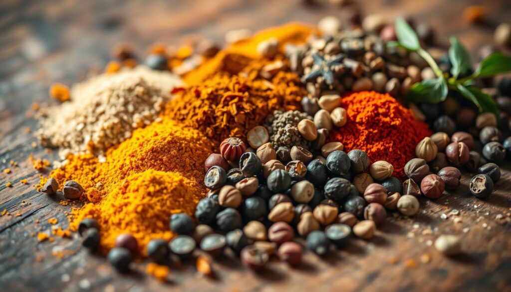 A close-up shot of an assortment of vibrant, freshly ground spices and aromatic peppercorns, artfully arranged on a rustic wooden surface. The spices should include cumin, coriander, turmeric, chili flakes, and a variety of peppercorns in black, white, and pink hues. The lighting should be warm and natural, creating soft shadows that accentuate the intricate textures and rich colors of the spices. The depth of field should be shallow, keeping the spices in sharp focus while blurring the background to create a sense of depth and emphasis on the subject. The overall mood should be cozy, inviting, and evocative of the comforting aroma of a simmering curry. A close-up shot of an assortment of vibrant, freshly ground spices and aromatic peppercorns, artfully arranged on a rustic wooden surface. The spices should include cumin, coriander, turmeric, chili flakes, and a variety of peppercorns in black, white, and pink hues. The lighting should be warm and natural, creating soft shadows that accentuate the intricate textures and rich colors of the spices. The depth of field should be shallow, keeping the spices in sharp focus while blurring the background to create a sense of depth and emphasis on the subject. The overall mood should be cozy, inviting, and evocative of the comforting aroma of a simmering curry.