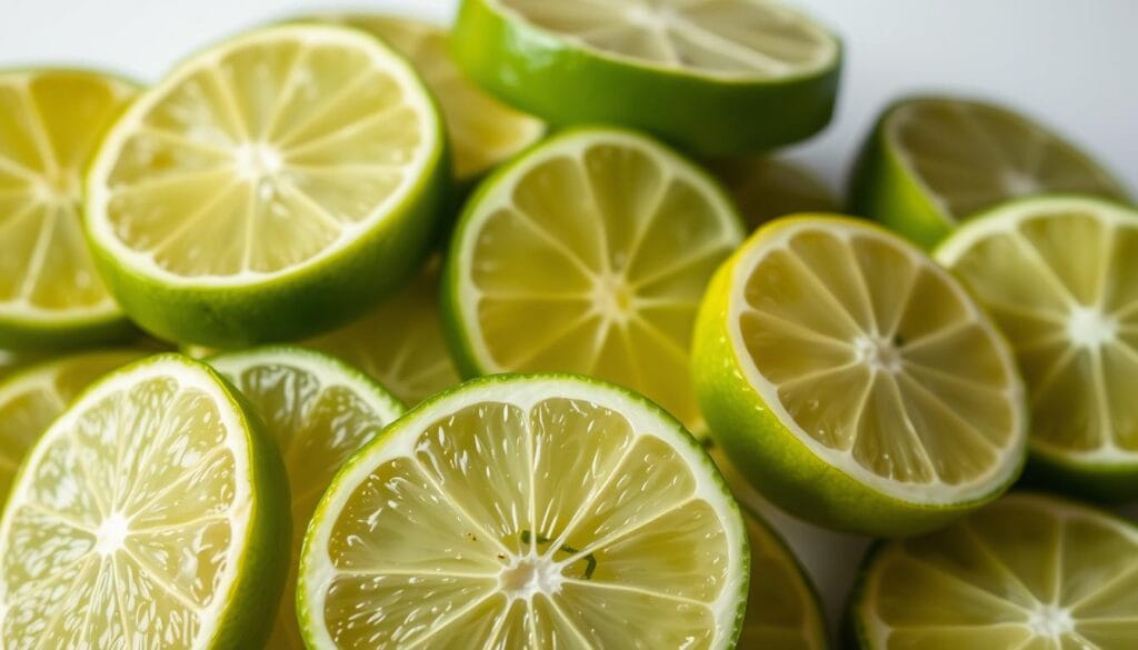 A close-up shot of freshly sliced key limes, revealing their vibrant green rinds and tart, juicy flesh. The limes are arranged in a visually appealing manner, with some halves and some slices, capturing the texture and sheen of the rind. Soft, directional lighting casts gentle shadows, accentuating the contours and highlighting the unique shape of each lime. The image has a clean, minimalist background that allows the key limes to be the focal point, conveying a sense of simplicity and focus on the core ingredients of a key lime pie. A close-up shot of freshly sliced key limes, revealing their vibrant green rinds and tart, juicy flesh. The limes are arranged in a visually appealing manner, with some halves and some slices, capturing the texture and sheen of the rind. Soft, directional lighting casts gentle shadows, accentuating the contours and highlighting the unique shape of each lime. The image has a clean, minimalist background that allows the key limes to be the focal point, conveying a sense of simplicity and focus on the core ingredients of a key lime pie.
