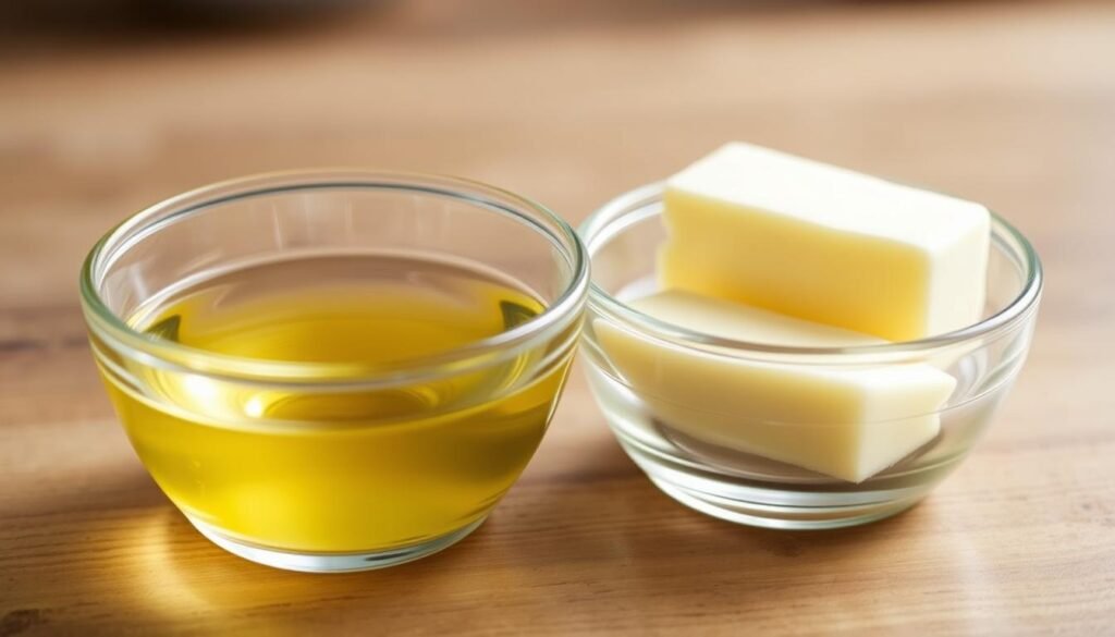 A close-up shot of two small glass bowls, one containing clarified butter and the other whole butter. The clarified butter is a golden, translucent liquid, while the whole butter is a creamy, opaque solid. The bowls are placed on a wooden table, with a soft natural light illuminating the scene. The background is blurred, keeping the focus on the two types of butter. The image conveys the visual contrast and differences between clarified and whole butter, providing a clear illustration for the "Butter Choices: Clarified vs. Whole Butter" section of the article. A close-up shot of two small glass bowls, one containing clarified butter and the other whole butter. The clarified butter is a golden, translucent liquid, while the whole butter is a creamy, opaque solid. The bowls are placed on a wooden table, with a soft natural light illuminating the scene. The background is blurred, keeping the focus on the two types of butter. The image conveys the visual contrast and differences between clarified and whole butter, providing a clear illustration for the "Butter Choices: Clarified vs. Whole Butter" section of the article.