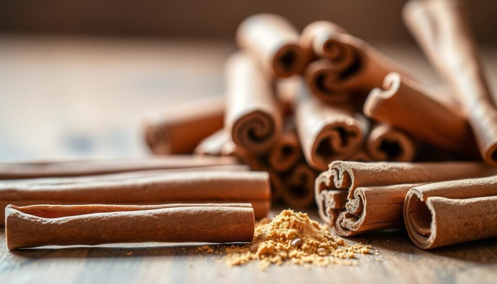 A close-up shot of various cinnamon sticks and cinnamon quills, arrayed neatly on a wooden surface. The lighting is soft and warm, casting gentle shadows that highlight the intricate textures and rich hues of the spices. In the foreground, a single cinnamon stick is broken open, revealing the powdery, golden-brown interior, representing the coumarin content. The middle ground showcases the diverse shapes and sizes of the cinnamon varieties, while the background is blurred, creating a sense of focus and clarity on the central subject. The overall mood is one of scientific curiosity and culinary exploration, inviting the viewer to examine the nuances of this beloved spice. A close-up shot of various cinnamon sticks and cinnamon quills, arrayed neatly on a wooden surface. The lighting is soft and warm, casting gentle shadows that highlight the intricate textures and rich hues of the spices. In the foreground, a single cinnamon stick is broken open, revealing the powdery, golden-brown interior, representing the coumarin content. The middle ground showcases the diverse shapes and sizes of the cinnamon varieties, while the background is blurred, creating a sense of focus and clarity on the central subject. The overall mood is one of scientific curiosity and culinary exploration, inviting the viewer to examine the nuances of this beloved spice.