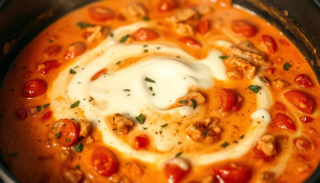 A creamy, glistening one-pot pasta sauce, the star being succulent ground turkey simmered in a rich tomato base. Flecks of fragrant herbs and spices add depth, while a swirl of heavy cream lends a silky, luxurious texture. The scene is lit by warm, amber-toned lighting, casting a cozy, intimate glow over the steaming dish. The camera angle is slightly elevated, giving a tantalizing view of the sauce's velvety consistency and the enticing blend of colors - deep red tomatoes, flecks of green herbs, and the creamy white of the sauce. An inviting, homey atmosphere pervades, promising a comforting, satisfying meal on a chilly evening.