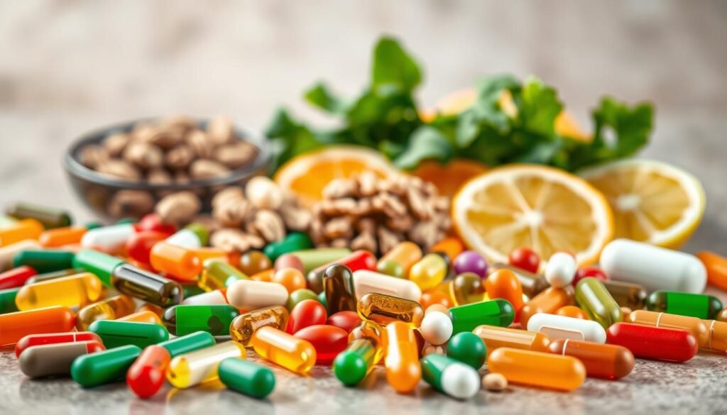 A crisp, high-quality close-up photograph of an assortment of vitamins and supplements arranged in an artful, visually appealing way. The foreground features a selection of colorful vitamin capsules, softgels, and tablets laid out in an organic, asymmetrical pattern. The middle ground showcases a few whole foods known for their nutrient density, such as a handful of nuts, some leafy greens, and sliced citrus fruits. The background is blurred with a soft, natural lighting setup that casts a warm, inviting glow on the scene. The overall composition conveys a sense of wellness, nutrition, and the beneficial properties of these essential micronutrients.