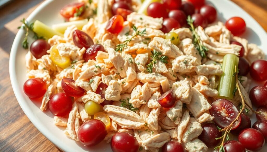 A delectable chicken salad spread on a white platter, garnished with halved red grapes, crunchy celery stalks, and fragrant herbs. The salad's creamy texture is accentuated by a light dressing, with a hint of zesty lemon. Soft, shredded chicken nestled among the fresh ingredients, creating a visually appealing and appetizing composition. The scene is illuminated by natural light, casting a warm, inviting glow and highlighting the vibrant colors. The camera angle is slightly elevated, providing a clear, unobstructed view of the salad's details. The overall mood is one of simplicity, freshness, and culinary expertise. A delectable chicken salad spread on a white platter, garnished with halved red grapes, crunchy celery stalks, and fragrant herbs. The salad's creamy texture is accentuated by a light dressing, with a hint of zesty lemon. Soft, shredded chicken nestled among the fresh ingredients, creating a visually appealing and appetizing composition. The scene is illuminated by natural light, casting a warm, inviting glow and highlighting the vibrant colors. The camera angle is slightly elevated, providing a clear, unobstructed view of the salad's details. The overall mood is one of simplicity, freshness, and culinary expertise.
