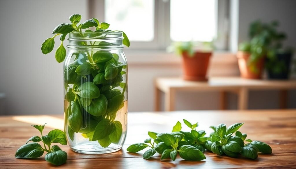 A glass mason jar filled with fresh basil leaves, arranged neatly on a wooden surface. The jar is half-submerged in water, maintaining the plant's moisture and preventing wilting. Soft natural light filters through a nearby window, casting a warm, inviting glow on the scene. In the background, a few additional potted herbs sit on a simple, uncluttered shelf, hinting at a well-stocked kitchen garden. The overall composition evokes a sense of tranquility and kitchen-garden charm, perfectly suited to illustrate the art of storing tender leafy herbs like basil and cilantro.
