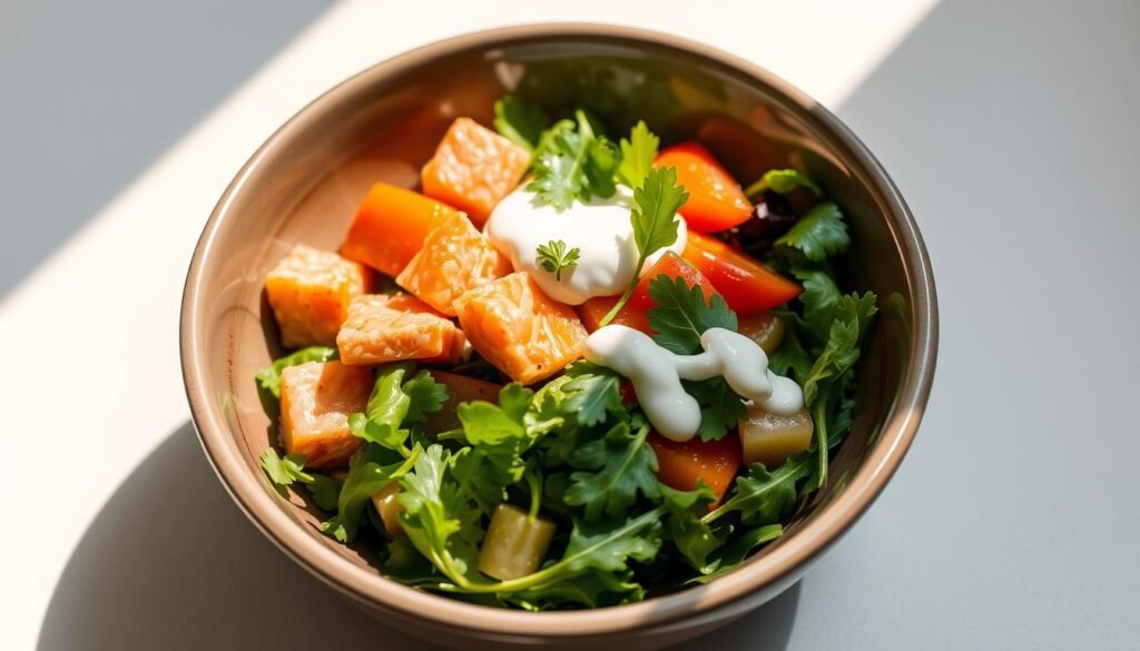 A gleaming ceramic bowl, its smooth curves and gentle rim reflecting the warm, natural light. Carefully placed inside, an assortment of fresh ingredients: tender salmon bites, crisp greens, vibrant vegetables, and a creamy dressing, all arranged in a visually appealing manner. The bowl is positioned on a simple, minimalist surface, allowing the contents to take center stage. The overall scene evokes a sense of nourishment, balance, and the pleasures of a well-crafted, wholesome meal. A gleaming ceramic bowl, its smooth curves and gentle rim reflecting the warm, natural light. Carefully placed inside, an assortment of fresh ingredients: tender salmon bites, crisp greens, vibrant vegetables, and a creamy dressing, all arranged in a visually appealing manner. The bowl is positioned on a simple, minimalist surface, allowing the contents to take center stage. The overall scene evokes a sense of nourishment, balance, and the pleasures of a well-crafted, wholesome meal.