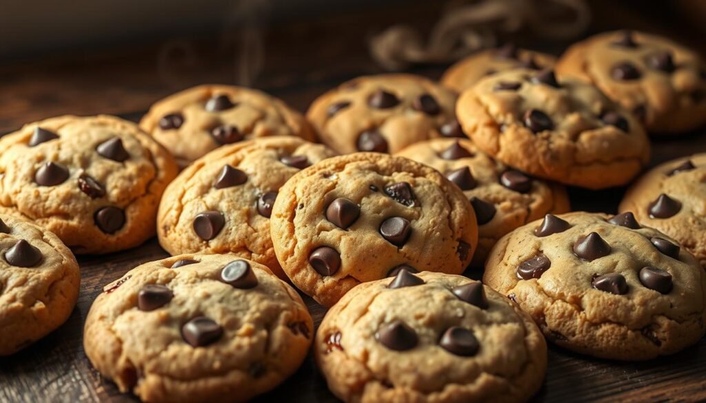 A golden-brown batch of homemade chocolate chip cookies, fresh out of the oven, resting on a rustic wooden table. The cookies have a soft, chewy center with slightly crisp edges, dotted generously with melted semisweet chocolate chips. Warm steam rises from the cookies, casting a cozy, inviting atmosphere. The lighting is soft and natural, with a subtle backlight illuminating the edges. The cookies are photographed from an overhead angle, capturing their mouthwatering texture and gooey, chocolatey goodness. This visually appealing scene evokes a sense of comforting nostalgia and the irresistible allure of a classic, crowd-pleasing dessert.