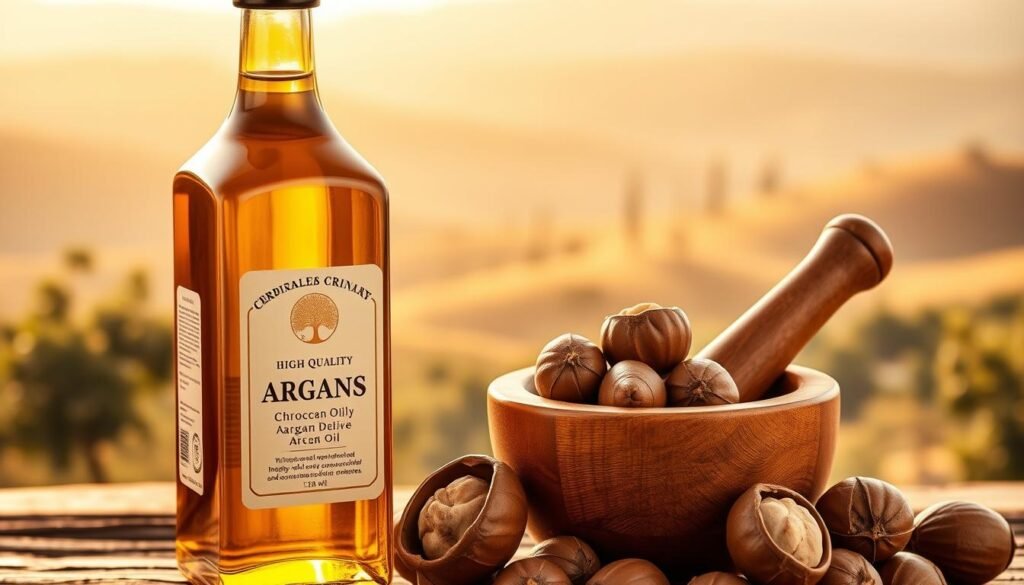 A high-quality culinary argan oil bottle set against a warm, natural-lit background. The bottle has a sleek, minimalist design with a premium label showcasing the argan oil's origins and certifications. The oil itself shimmers with a golden hue, its texture rich and viscous. In the middle ground, a wooden mortar and pestle containing freshly crushed argan nuts, their shells cracked open to reveal the precious kernel inside. The background features a soft, blurred landscape of rolling hills and olive trees, evoking the traditional Moroccan terroir where this exceptional oil is produced. The overall mood is one of quality, authenticity, and artisanal craftsmanship.
