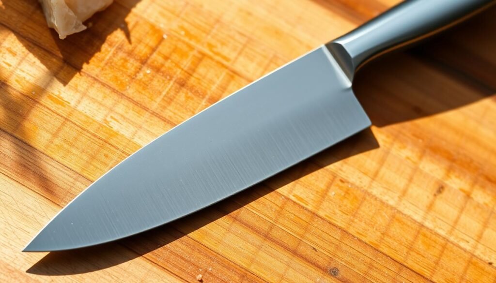 A high-quality, stainless steel fillet knife with a long, thin, and flexible blade, resting on a wooden cutting board. The blade has a sharp, razor-like edge, capable of slicing through delicate fish fillets with precision. The knife's handle is ergonomic, providing a comfortable and secure grip for effortless filleting. Bright, natural lighting from the side illuminates the knife's polished surface, creating reflections and shadows that highlight its sleek design. The overall scene conveys a sense of professionalism and efficiency, perfectly suited for the task of preparing fish fillets. A high-quality, stainless steel fillet knife with a long, thin, and flexible blade, resting on a wooden cutting board. The blade has a sharp, razor-like edge, capable of slicing through delicate fish fillets with precision. The knife's handle is ergonomic, providing a comfortable and secure grip for effortless filleting. Bright, natural lighting from the side illuminates the knife's polished surface, creating reflections and shadows that highlight its sleek design. The overall scene conveys a sense of professionalism and efficiency, perfectly suited for the task of preparing fish fillets.
