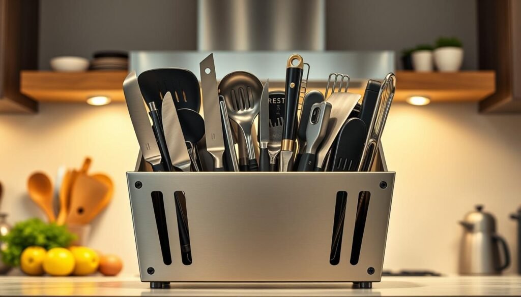 A large, sturdy kitchen utensil holder made of durable stainless steel, designed to shield and organize an array of cooking tools. The front features a bold, angular shape with a sleek, polished finish, conveying a sense of modern industrial elegance. The interior is meticulously compartmentalized, with well-defined slots to neatly contain everything from sharp knives and peelers to spatulas and tongs, ensuring a tidy, streamlined workspace. Soft, warm lighting from above casts a gentle glow, creating an inviting atmosphere in the kitchen. The overall design is both functional and visually striking, serving as a dependable "protector" that keeps essential culinary equipment close at hand and well-secured.