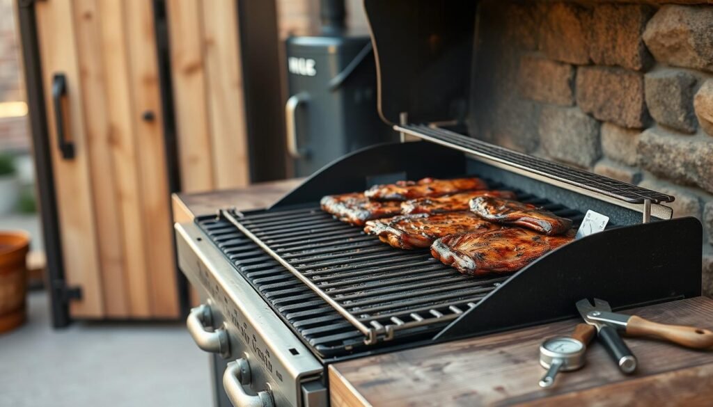 A meticulously arranged outdoor cooking setup, featuring a sturdy charcoal grill set against a backdrop of a well-stocked tool cabinet and smoker. The grill's grates glisten with a fresh coat of oil, ready to sear succulent beef ribs. Beside it, an array of grilling tools, including tongs, a basting brush, and a meat thermometer, neatly organized on a weathered wooden workbench. The scene is bathed in warm, golden light, casting a cozy, inviting atmosphere perfect for grilling and savoring the flavors of tender, juicy beef ribs. A meticulously arranged outdoor cooking setup, featuring a sturdy charcoal grill set against a backdrop of a well-stocked tool cabinet and smoker. The grill's grates glisten with a fresh coat of oil, ready to sear succulent beef ribs. Beside it, an array of grilling tools, including tongs, a basting brush, and a meat thermometer, neatly organized on a weathered wooden workbench. The scene is bathed in warm, golden light, casting a cozy, inviting atmosphere perfect for grilling and savoring the flavors of tender, juicy beef ribs.