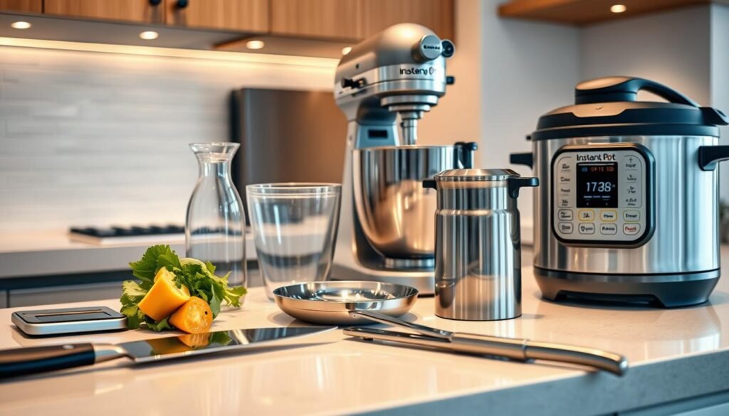 A modern kitchen with a well-organized countertop, showcasing an array of gleaming stainless steel gadgets. In the foreground, a chef's knife, a vegetable peeler, and a digital food scale are neatly arranged, hinting at the owner's discerning taste and attention to detail. In the middle ground, a sleek blender, a high-end stand mixer, and a programmable instant pot stand ready to assist in a variety of culinary tasks. The background features a minimalist tiled backsplash, soft ambient lighting, and a glimpse of wooden cabinetry, creating a harmonious and inviting atmosphere. The overall scene conveys a sense of efficiency, functionality, and a passion for cooking with the right tools.