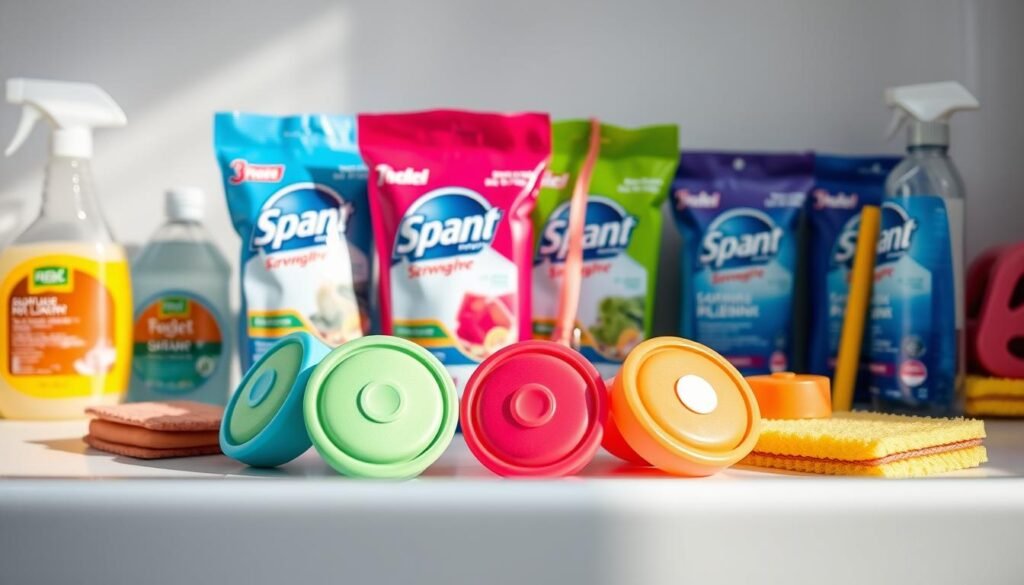 A neatly arranged display of high-quality dishwasher pods in vibrant colors, surrounded by complementary cleaning products like drain cleaners and sponges. The pods are showcased against a clean, minimalist background, bathed in soft, diffused lighting that accentuates their sleek, modern design. The overall composition conveys a sense of order, efficiency, and attention to detail, reflecting the importance of choosing the right products to maintain a spotless kitchen sink.