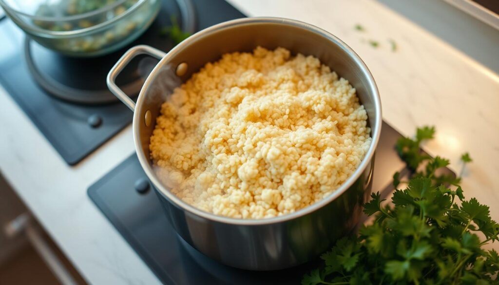 A neatly arranged kitchen counter with a medium-sized saucepan filled with fluffy, golden-hued quinoa grains, steam gently rising from the pan. Vibrant green herbs, such as parsley or cilantro, are scattered around the pan, adding a fresh, aromatic touch. The lighting is soft and diffused, creating a warm, inviting atmosphere. The camera angle is slightly elevated, providing a clear view of the cooking process and the ingredients. The overall composition emphasizes the simplicity and elegance of the quinoa preparation, perfectly suited for the "How to Cook Quinoa and Assemble the Salad Step by Step" section of the "Quinoa Chickpea Salad: A Healthy and Flavorful Meal" article. A neatly arranged kitchen counter with a medium-sized saucepan filled with fluffy, golden-hued quinoa grains, steam gently rising from the pan. Vibrant green herbs, such as parsley or cilantro, are scattered around the pan, adding a fresh, aromatic touch. The lighting is soft and diffused, creating a warm, inviting atmosphere. The camera angle is slightly elevated, providing a clear view of the cooking process and the ingredients. The overall composition emphasizes the simplicity and elegance of the quinoa preparation, perfectly suited for the "How to Cook Quinoa and Assemble the Salad Step by Step" section of the "Quinoa Chickpea Salad: A Healthy and Flavorful Meal" article.