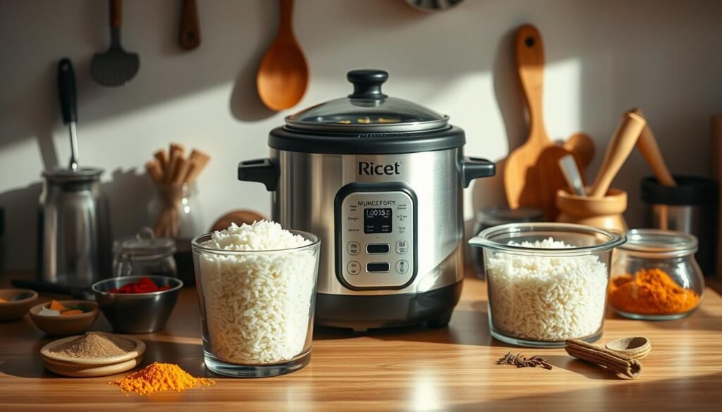 A neatly organized kitchen counter with a rice cooker in the center, steam gently rising from its lid. Beside it, a glass container holds cooked rice, ready to be reheated. Surrounding the setup, various kitchen utensils and spices create a sense of culinary preparation. The lighting is soft and natural, casting warm shadows that enhance the homey atmosphere. The composition emphasizes the simplicity and convenience of storing and reheating rice, a crucial step in the process of crafting a delicious turmeric-infused dish.