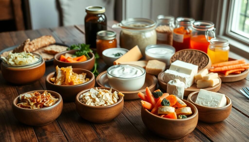 A rustic wooden table, its surface adorned with an assortment of fermented delights. In the foreground, a variety of fermented vegetables, including crunchy sauerkraut, tangy kimchi, and pickled carrots, are arranged in small earthenware bowls. The middle ground features a selection of fermented dairy products, such as creamy yogurt, sharp cheese, and tangy kefir, nestled alongside crusty artisanal bread. In the background, a few jars of fermented fruit preserves and vinegars provide a vibrant pop of color, hinting at the depth of flavors waiting to be explored. The scene is bathed in warm, natural lighting, creating a cozy, inviting atmosphere that beckons the viewer to savor the nourishing, probiotic-rich bounty before them. A rustic wooden table, its surface adorned with an assortment of fermented delights. In the foreground, a variety of fermented vegetables, including crunchy sauerkraut, tangy kimchi, and pickled carrots, are arranged in small earthenware bowls. The middle ground features a selection of fermented dairy products, such as creamy yogurt, sharp cheese, and tangy kefir, nestled alongside crusty artisanal bread. In the background, a few jars of fermented fruit preserves and vinegars provide a vibrant pop of color, hinting at the depth of flavors waiting to be explored. The scene is bathed in warm, natural lighting, creating a cozy, inviting atmosphere that beckons the viewer to savor the nourishing, probiotic-rich bounty before them.