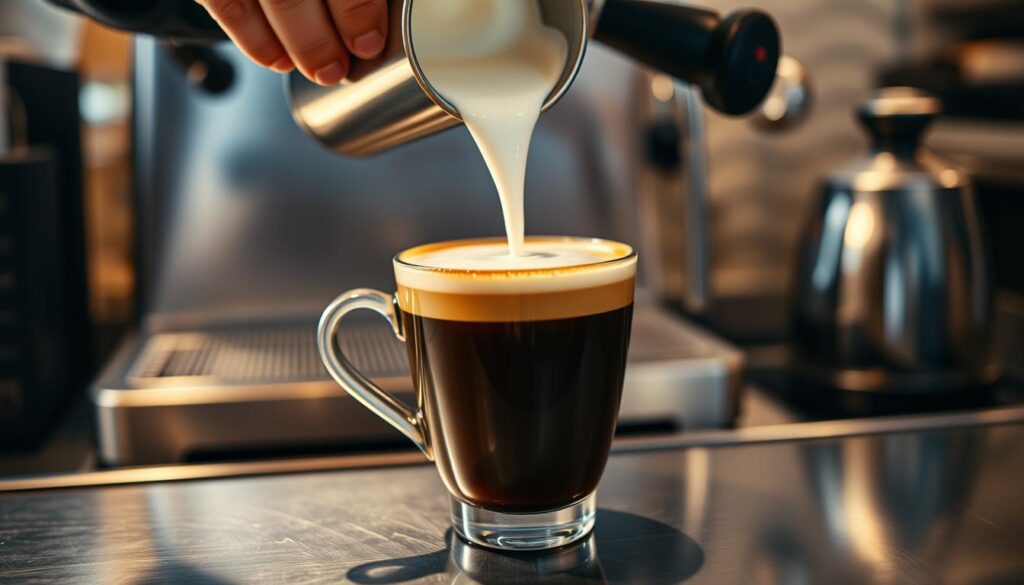 A skilled barista's hands carefully pouring steamed milk into a ceramic espresso cup, creating a beautiful layer of dense, velvety milk foam on top of the rich, dark espresso. The cup sits on a sleek, stainless steel counter, with a professional espresso machine and other coffee-making equipment in the background, bathed in soft, warm lighting that highlights the textures and colors of the ingredients. The scene conveys a sense of artistry, precision, and the craftsmanship involved in preparing the perfect espresso macchiato. A skilled barista's hands carefully pouring steamed milk into a ceramic espresso cup, creating a beautiful layer of dense, velvety milk foam on top of the rich, dark espresso. The cup sits on a sleek, stainless steel counter, with a professional espresso machine and other coffee-making equipment in the background, bathed in soft, warm lighting that highlights the textures and colors of the ingredients. The scene conveys a sense of artistry, precision, and the craftsmanship involved in preparing the perfect espresso macchiato.