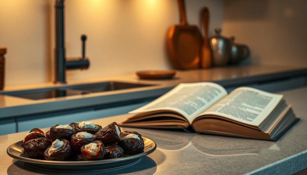 A sleek and modern kitchen counter, adorned with artfully arranged gourmet ingredients. In the foreground, a platter of perfectly stuffed dates, the creamy goat cheese contrasting with the rich, caramelized exterior. Beside it, a vintage recipe book lies open, its pages inviting the viewer to explore a world of culinary delights. Warm, soft lighting illuminates the scene, casting a cozy, intimate glow. The background features a minimalist, neutral-toned wall, allowing the culinary showcase to take center stage. Sophisticated and visually appealing, this image captures the essence of a modern, gourmet recipe guide. A sleek and modern kitchen counter, adorned with artfully arranged gourmet ingredients. In the foreground, a platter of perfectly stuffed dates, the creamy goat cheese contrasting with the rich, caramelized exterior. Beside it, a vintage recipe book lies open, its pages inviting the viewer to explore a world of culinary delights. Warm, soft lighting illuminates the scene, casting a cozy, intimate glow. The background features a minimalist, neutral-toned wall, allowing the culinary showcase to take center stage. Sophisticated and visually appealing, this image captures the essence of a modern, gourmet recipe guide.