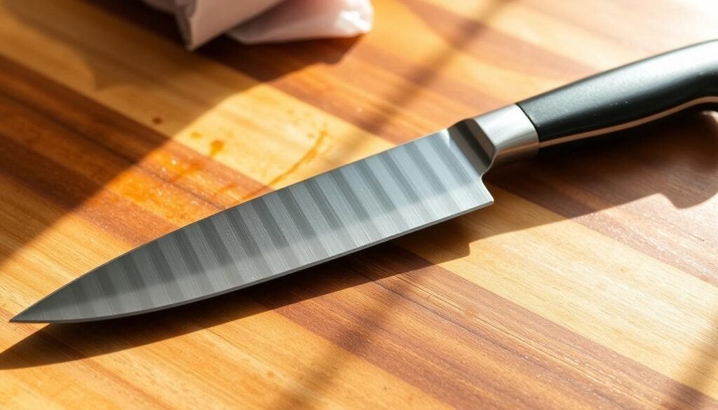 A sleek, high-quality fish fillet knife resting on a wooden cutting board, bathed in warm, natural lighting. The blade is razor-sharp, with a distinct curve and a brushed stainless steel finish. The handle is ergonomically designed, with a contoured grip for comfortable and precise control. The knife appears poised and ready to effortlessly slice through delicate fish fillets, showcasing its exceptional craftsmanship and suitability for the task at hand. The scene exudes a sense of culinary professionalism and attention to detail, perfectly complementing the "What Sets a Quality Fillet Knife Apart" section of the article. A sleek, high-quality fish fillet knife resting on a wooden cutting board, bathed in warm, natural lighting. The blade is razor-sharp, with a distinct curve and a brushed stainless steel finish. The handle is ergonomically designed, with a contoured grip for comfortable and precise control. The knife appears poised and ready to effortlessly slice through delicate fish fillets, showcasing its exceptional craftsmanship and suitability for the task at hand. The scene exudes a sense of culinary professionalism and attention to detail, perfectly complementing the "What Sets a Quality Fillet Knife Apart" section of the article.