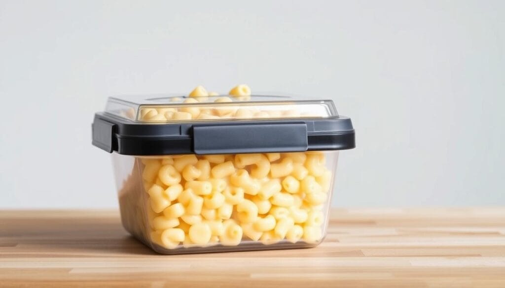A sleek, modern freezer container sits atop a wooden surface, its transparent lid showcasing the layers of creamy, cheesy macaroni inside. The container's sturdy construction and airtight seal promise to preserve the rich, comforting flavors of the classic Velveeta mac and cheese, ready to be enjoyed at a later time. Soft, even lighting from above accentuates the dish's inviting appearance, while a minimalist, neutral background allows the container to take center stage, ready to be the star of the "Make-Ahead, Storage, Freezer, and Reheating Guide" section. A sleek, modern freezer container sits atop a wooden surface, its transparent lid showcasing the layers of creamy, cheesy macaroni inside. The container's sturdy construction and airtight seal promise to preserve the rich, comforting flavors of the classic Velveeta mac and cheese, ready to be enjoyed at a later time. Soft, even lighting from above accentuates the dish's inviting appearance, while a minimalist, neutral background allows the container to take center stage, ready to be the star of the "Make-Ahead, Storage, Freezer, and Reheating Guide" section.