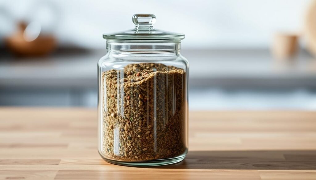 A sleek, modern glass storage jar with an airtight lid, sitting on a wooden kitchen counter. The jar is filled with the vibrant green and brown speckled spice blend of Zaatar, its layers visible through the clear glass. The lighting is soft and natural, casting gentle shadows that accentuate the jar's elegant form. The composition places the jar in the foreground, with a blurred background suggesting a simple, minimalist kitchen setting. The overall mood is one of refinement, highlighting the quality and care required to properly store this unique, flavorful spice blend.