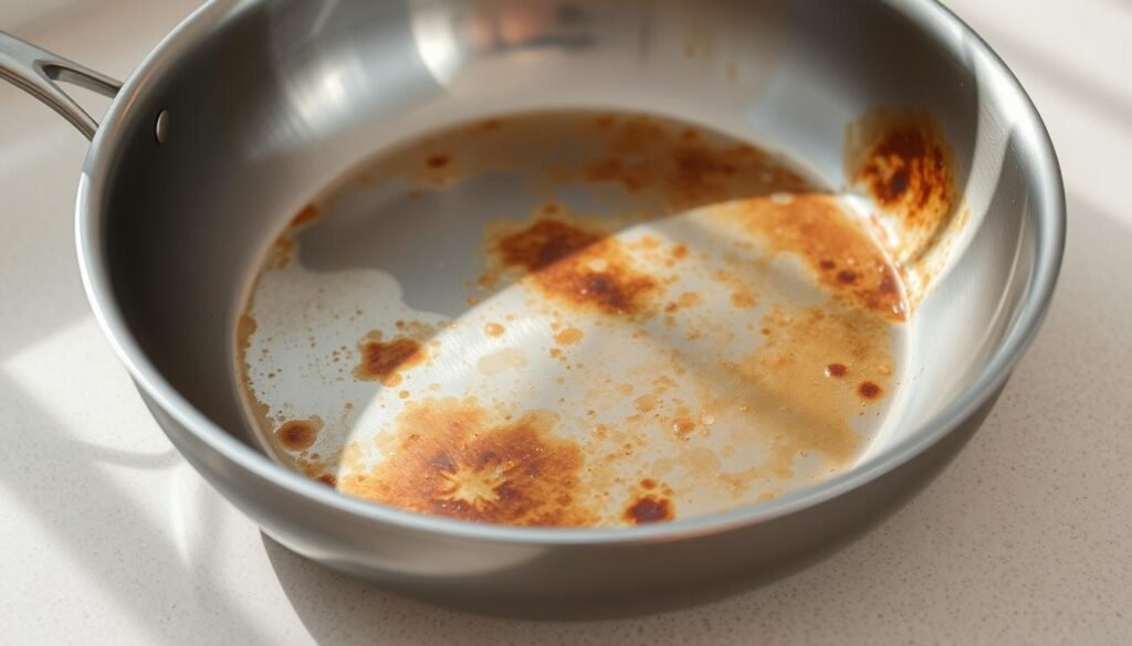 A stainless steel pan with visible stains and discoloration, resting on a neutral-colored countertop. The pan is illuminated by soft, natural lighting, casting subtle shadows and highlights on the surface. The stains range from light brown to dark charred spots, suggesting a history of cooking mishaps. The pan is positioned at a slight angle, allowing for a clear view of the textured interior and the stubborn stains that have accumulated over time. The overall mood is one of a practical, everyday kitchen scene, inviting the viewer to consider effective cleaning methods for this common cooking tool. A stainless steel pan with visible stains and discoloration, resting on a neutral-colored countertop. The pan is illuminated by soft, natural lighting, casting subtle shadows and highlights on the surface. The stains range from light brown to dark charred spots, suggesting a history of cooking mishaps. The pan is positioned at a slight angle, allowing for a clear view of the textured interior and the stubborn stains that have accumulated over time. The overall mood is one of a practical, everyday kitchen scene, inviting the viewer to consider effective cleaning methods for this common cooking tool.