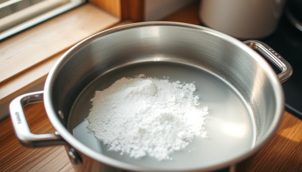 A stainless steel pot filled with water and baking soda, placed on a wooden kitchen counter. Warm, diffused lighting from a window casts a natural glow, highlighting the metallic sheen of the pan. The baking soda is sprinkled generously across the surface, ready to tackle tough stains and grime. The overall scene conveys a sense of simplicity and effectiveness, reflecting the practical and reliable nature of this kitchen staple. The angle is slightly elevated, providing a clear view of the pan and its contents, as if inviting the viewer to witness the cleaning process unfold. A stainless steel pot filled with water and baking soda, placed on a wooden kitchen counter. Warm, diffused lighting from a window casts a natural glow, highlighting the metallic sheen of the pan. The baking soda is sprinkled generously across the surface, ready to tackle tough stains and grime. The overall scene conveys a sense of simplicity and effectiveness, reflecting the practical and reliable nature of this kitchen staple. The angle is slightly elevated, providing a clear view of the pan and its contents, as if inviting the viewer to witness the cleaning process unfold.