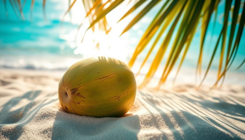 A tropical close-up of a lush green coconut, resting on a bed of soft white sand. The sunlight filters through the palm leaves, casting warm, golden shadows across the scene. The coconut's shell is slightly weathered, with intricate patterns that reflect its natural origin. In the background, a tranquil azure ocean gently laps at the shore, evoking a sense of serene island paradise. The overall composition conveys a calming, indulgent mood, perfect for showcasing a delectable dairy-free dessert.