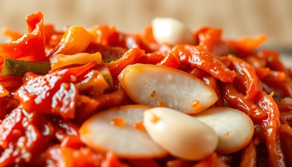 A vibrant and appetizing close-up of a traditional Korean kimchi dish, shot with a high-quality macro lens in natural lighting. The foreground features a generous serving of bright red, crunchy cabbage leaves, glistening with a mouthwatering spicy-sweet sauce. The middle ground showcases the textural contrast of soft, fermented radish slices and whole garlic cloves. In the background, a neutral, earthy-toned backdrop highlights the vivid colors and aromas of the kimchi. The overall composition conveys the rich cultural heritage and potential health benefits of this probiotic-packed Korean superfood. A vibrant and appetizing close-up of a traditional Korean kimchi dish, shot with a high-quality macro lens in natural lighting. The foreground features a generous serving of bright red, crunchy cabbage leaves, glistening with a mouthwatering spicy-sweet sauce. The middle ground showcases the textural contrast of soft, fermented radish slices and whole garlic cloves. In the background, a neutral, earthy-toned backdrop highlights the vivid colors and aromas of the kimchi. The overall composition conveys the rich cultural heritage and potential health benefits of this probiotic-packed Korean superfood.