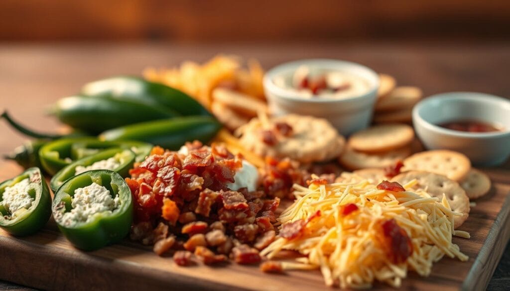 A vibrant and appetizing still life composition showcasing the key ingredients and preparation steps for an easy jalapeño popper dip. In the foreground, a wooden board or tray displays neatly arranged halved jalapeños, cream cheese, shredded cheddar, and crispy bacon bits. The middle ground features a small bowl of the creamy, melty dip mixture, surrounded by crackers or sliced bread for dipping. Warm, diffused lighting casts a cozy glow, highlighting the textural details and vibrant colors of the ingredients. The background is softly blurred, emphasizing the main subject. The overall mood is inviting and mouthwatering, perfectly capturing the essence of the "Step-by-Step Jalapeño Popper Dip Recipe". A vibrant and appetizing still life composition showcasing the key ingredients and preparation steps for an easy jalapeño popper dip. In the foreground, a wooden board or tray displays neatly arranged halved jalapeños, cream cheese, shredded cheddar, and crispy bacon bits. The middle ground features a small bowl of the creamy, melty dip mixture, surrounded by crackers or sliced bread for dipping. Warm, diffused lighting casts a cozy glow, highlighting the textural details and vibrant colors of the ingredients. The background is softly blurred, emphasizing the main subject. The overall mood is inviting and mouthwatering, perfectly capturing the essence of the "Step-by-Step Jalapeño Popper Dip Recipe".