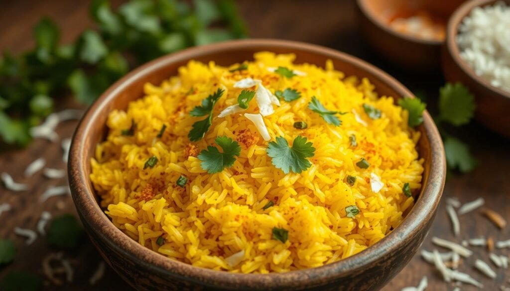 A vibrant and aromatic scene of "coconut turmeric rice" presented in a rustic ceramic bowl. The rice is beautifully adorned with specks of golden turmeric, fresh cilantro, and delicate shreds of toasted coconut. The lighting is soft and warm, casting a gentle glow that enhances the rice's inviting hue. The overall composition is balanced, with the rice taking center stage and the backdrop blurred, drawing the viewer's attention to the intricate flavors and textures of this flavorful dish. The atmosphere is one of simplicity and culinary delight, perfectly capturing the essence of the "Flavor variations you can try" section.