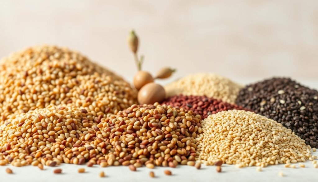 A vibrant still life composition showcasing an assortment of quinoa alternatives, including millet, buckwheat, amaranth, and teff grains. The grains are arranged in the foreground, with a soft, natural lighting illuminating their varied textures and colors, ranging from golden-brown to deep burgundy. In the middle ground, a few whole plant specimens are visible, highlighting the distinct features of each grain. The background features a minimalist, neutral-toned backdrop, allowing the quinoa alternatives to take center stage. The overall mood is one of wholesome, health-conscious abundance, inviting the viewer to explore the diverse world of gluten-free couscous alternatives. A vibrant still life composition showcasing an assortment of quinoa alternatives, including millet, buckwheat, amaranth, and teff grains. The grains are arranged in the foreground, with a soft, natural lighting illuminating their varied textures and colors, ranging from golden-brown to deep burgundy. In the middle ground, a few whole plant specimens are visible, highlighting the distinct features of each grain. The background features a minimalist, neutral-toned backdrop, allowing the quinoa alternatives to take center stage. The overall mood is one of wholesome, health-conscious abundance, inviting the viewer to explore the diverse world of gluten-free couscous alternatives.
