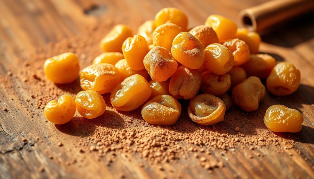 A vibrant still life showcasing the key ingredients of the Moroccan tfaya garnish: plump golden raisins, glistening with a dusting of cinnamon powder, artfully arranged on a rustic wooden surface. Warm, indirect lighting casts soft shadows, highlighting the textural interplay between the raisins' wrinkled skin and the smooth, fragrant cinnamon. The scene exudes an inviting, homey ambiance, evoking the comforting flavors and aromas of traditional Moroccan cuisine. The image captures the essence of this flavorful garnish, which can elevate the couscous dish and provide a delightful contrast in both taste and presentation. A vibrant still life showcasing the key ingredients of the Moroccan tfaya garnish: plump golden raisins, glistening with a dusting of cinnamon powder, artfully arranged on a rustic wooden surface. Warm, indirect lighting casts soft shadows, highlighting the textural interplay between the raisins' wrinkled skin and the smooth, fragrant cinnamon. The scene exudes an inviting, homey ambiance, evoking the comforting flavors and aromas of traditional Moroccan cuisine. The image captures the essence of this flavorful garnish, which can elevate the couscous dish and provide a delightful contrast in both taste and presentation.