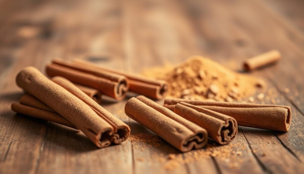A warm, inviting close-up shot of cinnamon sticks being used in a culinary setting. The sticks are scattered across a rustic wooden surface, their rich, reddish-brown hues contrasted by the natural grain of the wood. Soft, diffused lighting from an overhead source casts a gentle glow, highlighting the texture and intricate patterns of the cinnamon. In the foreground, a few whole sticks are arranged neatly, while in the middle and background, ground cinnamon is sprinkled and scattered, suggesting its practical application in cooking and baking. The overall scene conveys a sense of warmth, comfort, and the enticing aroma of this versatile spice. A warm, inviting close-up shot of cinnamon sticks being used in a culinary setting. The sticks are scattered across a rustic wooden surface, their rich, reddish-brown hues contrasted by the natural grain of the wood. Soft, diffused lighting from an overhead source casts a gentle glow, highlighting the texture and intricate patterns of the cinnamon. In the foreground, a few whole sticks are arranged neatly, while in the middle and background, ground cinnamon is sprinkled and scattered, suggesting its practical application in cooking and baking. The overall scene conveys a sense of warmth, comfort, and the enticing aroma of this versatile spice.