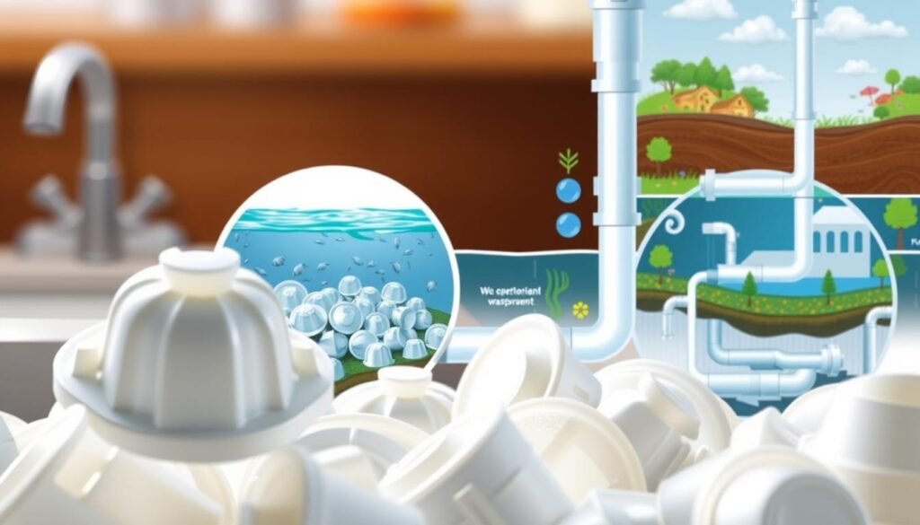 A well-lit, detailed illustration depicting environmental and plumbing considerations for dishwasher pods. In the foreground, a close-up view of dishwasher pods, showcasing their compact, concentrated design. In the middle ground, a cutaway view of a kitchen sink plumbing system, highlighting the potential risks of improper pod disposal. In the background, a visual representation of the environmental impact, such as an aquatic ecosystem or a municipal wastewater treatment plant. The image should convey a sense of balance between the convenience of dishwasher pods and the need for responsible usage and disposal to maintain a healthy, sustainable plumbing system and environment.