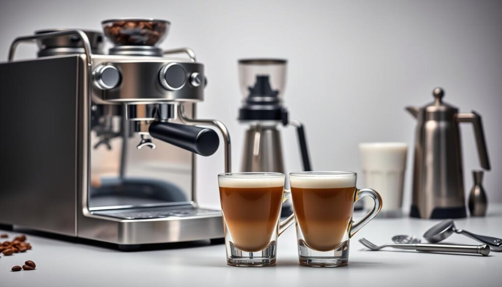A well-lit, high-contrast studio scene showcasing a barista's essential equipment for preparing an espresso macchiato. In the foreground, a sleek, stainless-steel espresso machine with dual portafilters, its elegant lines and gleaming surface reflecting the soft lighting. Alongside, a precision coffee grinder with a hopper brimming with freshly roasted coffee beans. In the middle ground, a smooth, tamped puck of finely ground coffee sits in a portafilter, ready for extraction. Behind, a small milk steamer with a stainless-steel frothing pitcher, its steam wand poised to create the perfect microfoam for the macchiato. The scene is completed by a variety of barista tools, including a tamper, a shot glass, and a latte art pitcher, all arranged with care and attention to detail, conveying a sense of expertise and craftsmanship. A well-lit, high-contrast studio scene showcasing a barista's essential equipment for preparing an espresso macchiato. In the foreground, a sleek, stainless-steel espresso machine with dual portafilters, its elegant lines and gleaming surface reflecting the soft lighting. Alongside, a precision coffee grinder with a hopper brimming with freshly roasted coffee beans. In the middle ground, a smooth, tamped puck of finely ground coffee sits in a portafilter, ready for extraction. Behind, a small milk steamer with a stainless-steel frothing pitcher, its steam wand poised to create the perfect microfoam for the macchiato. The scene is completed by a variety of barista tools, including a tamper, a shot glass, and a latte art pitcher, all arranged with care and attention to detail, conveying a sense of expertise and craftsmanship.
