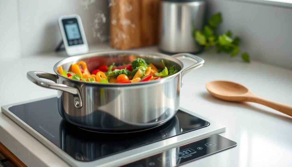 A well-lit kitchen counter with a stainless steel pot simmering on an induction stovetop. The pot is filled with colorful, fresh vegetables, their vibrant hues captured in the soft, even lighting. Steam gently rises, hinting at the delicate balance of temperature being maintained. In the background, a sleek digital thermometer displays the precise cooking temperature, while a wooden spoon rests nearby, ready to stir and monitor the dish. The scene conveys a sense of control, precision, and the preservation of nutrients through careful temperature regulation, aligning with the article's focus on healthy cooking techniques. A well-lit kitchen counter with a stainless steel pot simmering on an induction stovetop. The pot is filled with colorful, fresh vegetables, their vibrant hues captured in the soft, even lighting. Steam gently rises, hinting at the delicate balance of temperature being maintained. In the background, a sleek digital thermometer displays the precise cooking temperature, while a wooden spoon rests nearby, ready to stir and monitor the dish. The scene conveys a sense of control, precision, and the preservation of nutrients through careful temperature regulation, aligning with the article's focus on healthy cooking techniques.