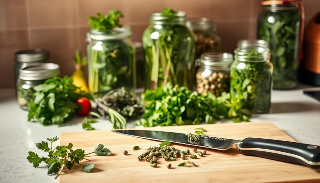 A well-lit kitchen countertop with various herbs neatly arranged, their vibrant colors and textures on full display. In the foreground, a clean cutting board with a chef's knife, conveying the preparation process. Mirrored in the background, glass jars and containers filled with freshly harvested herbs, ready for long-term storage. Soft, warm lighting casts a natural glow, accentuating the herbs' natural beauty and the care taken in their preservation. The scene evokes a sense of culinary expertise and a dedication to maximizing the shelf life of these flavorful ingredients.
