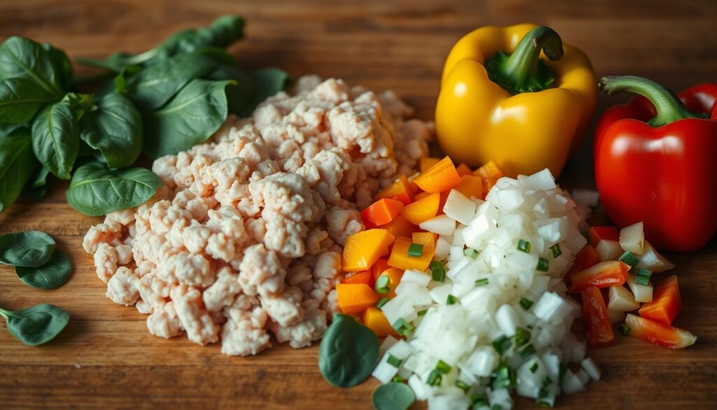 A well-lit, neatly arranged still life of lean ground turkey, fresh spinach leaves, diced bell peppers, minced garlic, and chopped onion on a wooden table. The ingredients are artfully positioned, showcasing their natural colors and textures. Soft, diffused lighting illuminates the scene, creating a warm, inviting atmosphere. The camera angle is slightly elevated, giving the viewer a clear, unobstructed view of the ingredients. The overall composition is balanced and visually appealing, emphasizing the healthy, wholesome nature of the components used in the recipe. A well-lit, neatly arranged still life of lean ground turkey, fresh spinach leaves, diced bell peppers, minced garlic, and chopped onion on a wooden table. The ingredients are artfully positioned, showcasing their natural colors and textures. Soft, diffused lighting illuminates the scene, creating a warm, inviting atmosphere. The camera angle is slightly elevated, giving the viewer a clear, unobstructed view of the ingredients. The overall composition is balanced and visually appealing, emphasizing the healthy, wholesome nature of the components used in the recipe.