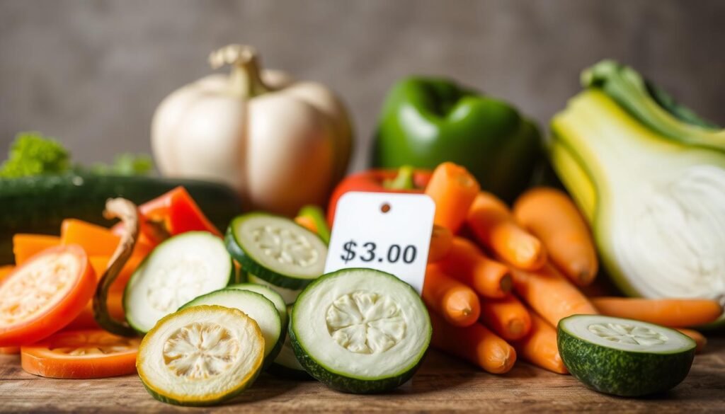 A well-lit still life showcasing an assortment of fresh-cut vegetables on a wooden table. In the foreground, neatly arranged slices of zucchini, bell peppers, and carrots, their vibrant colors and crisp textures inviting the viewer to consider their nutritional value and culinary potential. In the middle ground, a price tag displays the cost per pound, providing a tangible reference for the viewer's budgetary considerations. The background features a neutral, slightly blurred backdrop, allowing the focus to remain on the produce and its associated pricing. The overall scene conveys a sense of accessibility, quality, and the balanced trade-off between health, convenience, and cost-effectiveness. A well-lit still life showcasing an assortment of fresh-cut vegetables on a wooden table. In the foreground, neatly arranged slices of zucchini, bell peppers, and carrots, their vibrant colors and crisp textures inviting the viewer to consider their nutritional value and culinary potential. In the middle ground, a price tag displays the cost per pound, providing a tangible reference for the viewer's budgetary considerations. The background features a neutral, slightly blurred backdrop, allowing the focus to remain on the produce and its associated pricing. The overall scene conveys a sense of accessibility, quality, and the balanced trade-off between health, convenience, and cost-effectiveness.