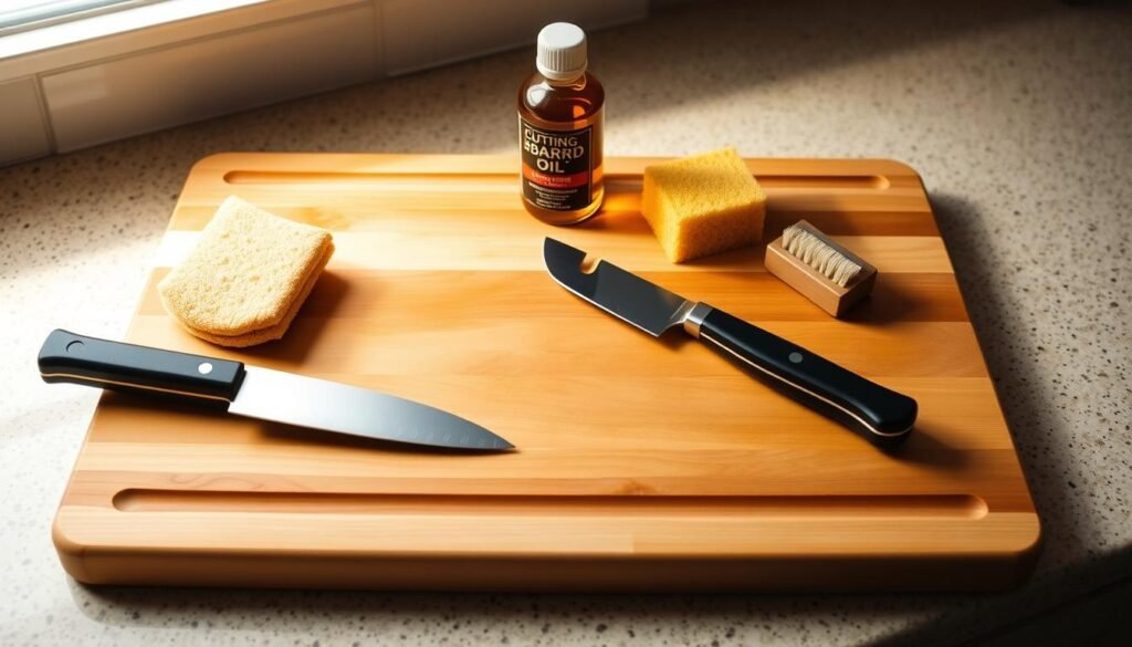 A wooden cutting board on a kitchen counter, its surface neatly arranged with a knife, a sponge, a bottle of cutting board oil, and a small brush. Warm, diffused lighting from above casts gentle shadows, highlighting the board's natural grain and smooth, well-maintained finish. The scene conveys a sense of order and care, inviting the viewer to learn the essential techniques for properly caring for this essential kitchen tool. A wooden cutting board on a kitchen counter, its surface neatly arranged with a knife, a sponge, a bottle of cutting board oil, and a small brush. Warm, diffused lighting from above casts gentle shadows, highlighting the board's natural grain and smooth, well-maintained finish. The scene conveys a sense of order and care, inviting the viewer to learn the essential techniques for properly caring for this essential kitchen tool.
