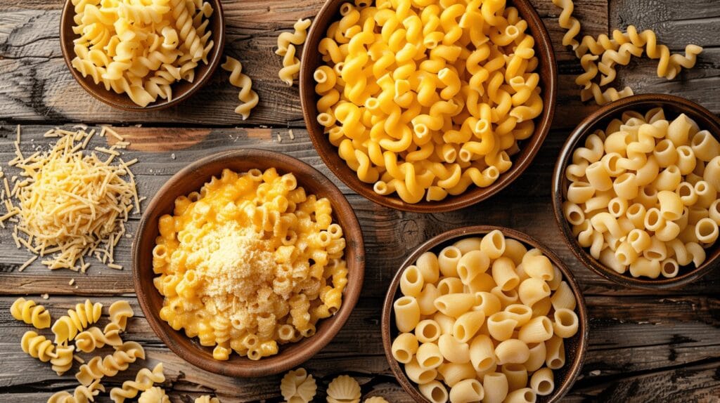 A beautifully lit tabletop scene showcasing an assortment of classic pasta shapes - twisty fusilli, elbow macaroni, shell-like conchiglie, and small ditalini - all meticulously arranged against a soft, out-of-focus background. The pasta shapes are evenly coated in a rich, velvety Velveeta cheese sauce, glistening under the warm, directional lighting. The scene conveys a sense of comforting, homemade indulgence, perfect for a hearty, family-friendly Velveeta mac and cheese dish. Assorted pasta shapes coated in creamy Velveeta cheese sauce, including fusilli, elbows, shells, and ditalini, served under warm lighting for a comforting family-style mac and cheese.