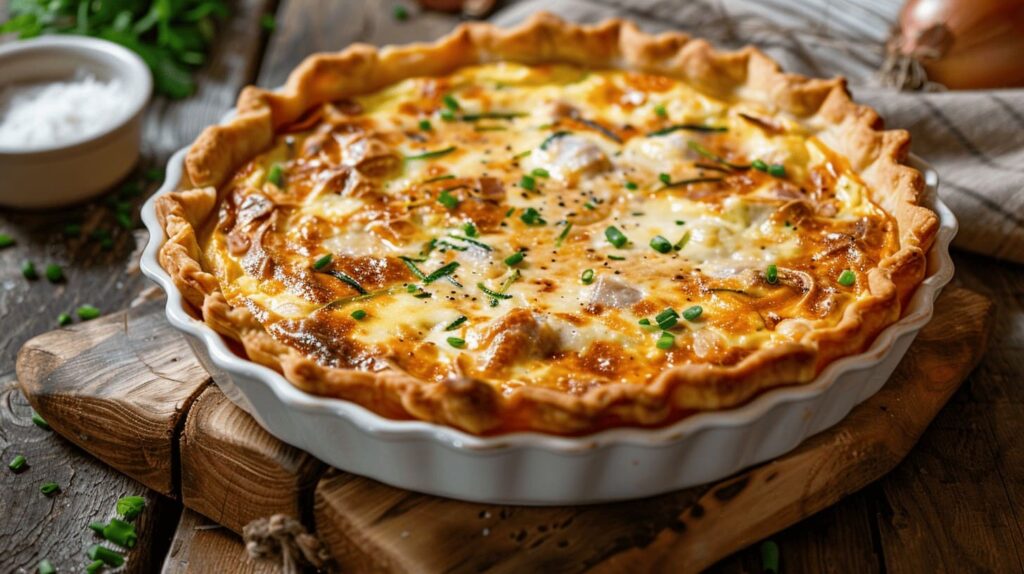 A freshly baked zucchini quiche, its golden crust shimmering under the warm kitchen lights. Ribbons of grated zucchini are folded into a creamy custard, accented by fragrant herbs and a hint of nutmeg. The quiche rests on a wooden board, surrounded by a scattering of fresh thyme sprigs. A crisp green salad and a glass of chilled white wine complete the scene, creating an inviting and appetizing tableau. The composition is balanced, with the quiche taking center stage and the supporting elements enhancing its rustic elegance. The lighting is soft and diffused, casting a gentle glow and emphasizing the dish's homemade, comforting appeal. Bisquick Quiche Lorraine Recipe