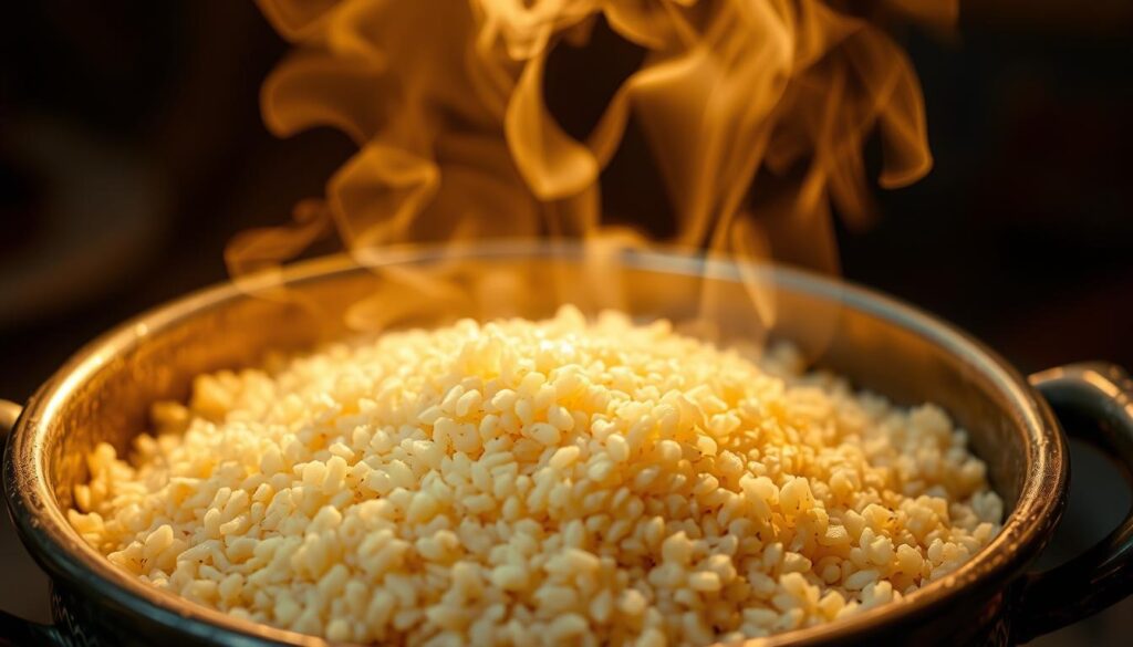 Couscous grains slowly steaming atop a traditional Moroccan pot, with wisps of fragrant steam rising into the air. A close-up view, capturing the delicate texture of the fluffy couscous and the intricate metal detailing of the pot. Warm, soft lighting illuminates the scene, casting a golden glow and highlighting the translucent steam. The couscous appears perfectly cooked, ready to be served with the rich vegetable broth and an array of aromatic spices. A sense of culinary expertise and care pervades the image, inviting the viewer to experience the process of preparing an authentic Moroccan couscous dish. Couscous grains slowly steaming atop a traditional Moroccan pot, with wisps of fragrant steam rising into the air. A close-up view, capturing the delicate texture of the fluffy couscous and the intricate metal detailing of the pot. Warm, soft lighting illuminates the scene, casting a golden glow and highlighting the translucent steam. The couscous appears perfectly cooked, ready to be served with the rich vegetable broth and an array of aromatic spices. A sense of culinary expertise and care pervades the image, inviting the viewer to experience the process of preparing an authentic Moroccan couscous dish.