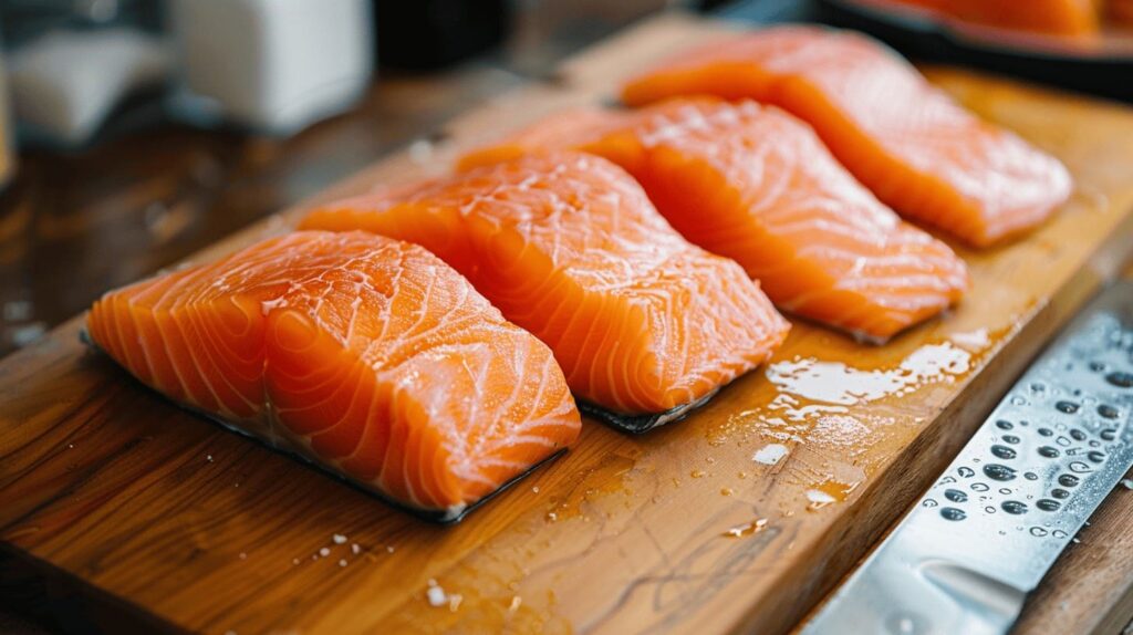 A well-lit, close-up photograph of several fresh wild-caught salmon fillets placed atop a clean, wooden cutting board. The salmon should appear vibrant, with glistening skin and deep orange-pink flesh. The fillets are arranged in a visually appealing, symmetrical pattern, with a sharp chef's knife resting nearby, conveying the idea of careful preparation. The background is blurred, with soft, natural lighting illuminating the scene and casting warm, gentle shadows. The overall mood is one of culinary expertise, food safety, and the appreciation of high-quality, responsibly sourced ingredients. Fresh Wild-Caught Salmon Fillets on Wooden Board