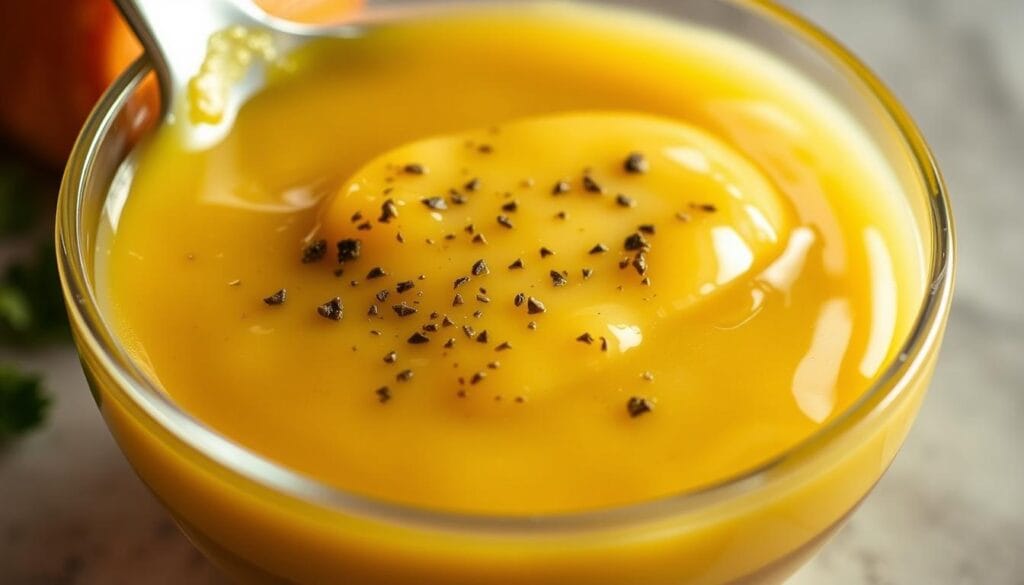 A rich, velvety butter sauce texture with a glossy, luscious sheen. Silky smooth, with tiny golden droplets suspended in a creamy emulsion. Warm, inviting lighting casts a soft glow, highlighting the sauce's luxurious mouthfeel. Captured in a close-up, macro perspective that draws the viewer in, emphasizing the sauce's delicate, decadent nature. Exuding an air of refined elegance, perfectly suited to complement the refined flavors of a romantic lobster dinner. Garlic lemon butter sauce